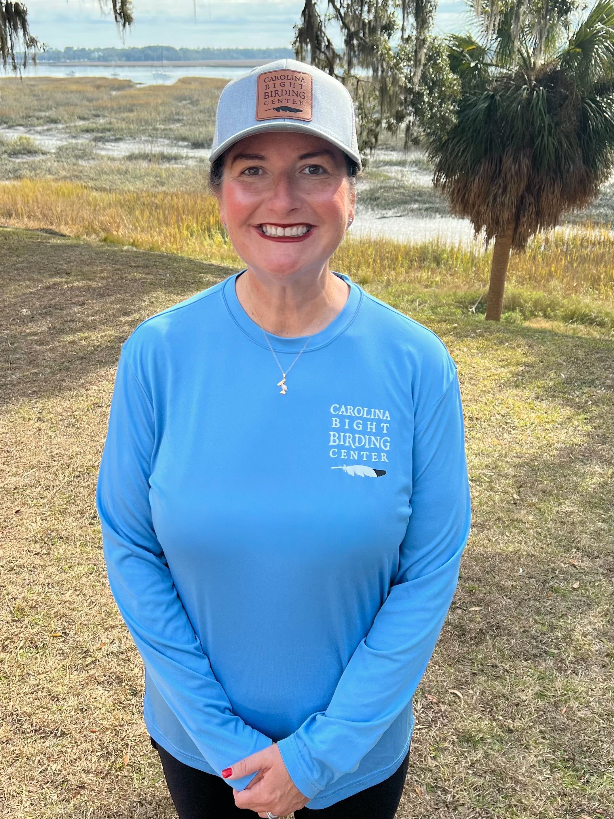 Gray/White Trucker Style Hat w/Custom Leather Stamped Carolina Bight Birding Center Logo