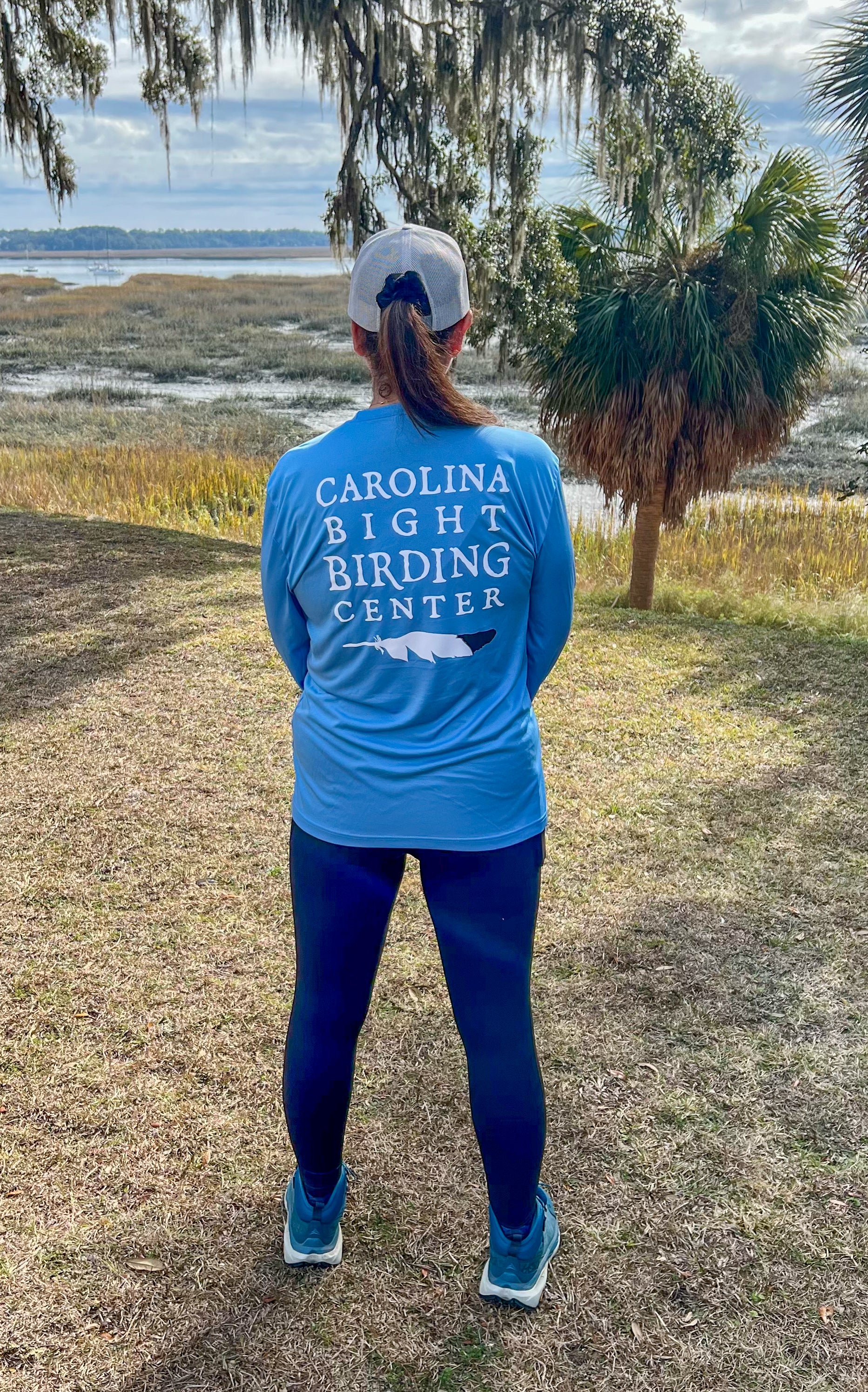Gray/White Trucker Style Hat w/Custom Leather Stamped Carolina Bight Birding Center Logo